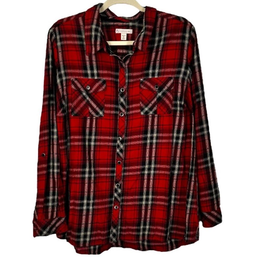 DRESSBARN Red Black White Plaid Button Up Top Size 2X